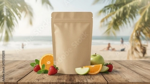 Fototapeta Standing pouch packaging mockup with a beach background, surrounded by fresh fruit