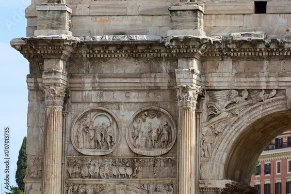 Fototapeta View of the roundels on Rome's Arch of Constantine, eight large circular reliefs that were taken from a monument built for Emperor Hadrian.