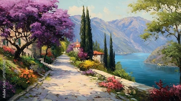 Fototapeta A winding stone path leads to the lake, surrounded by lush greenery and blooming flowers. 