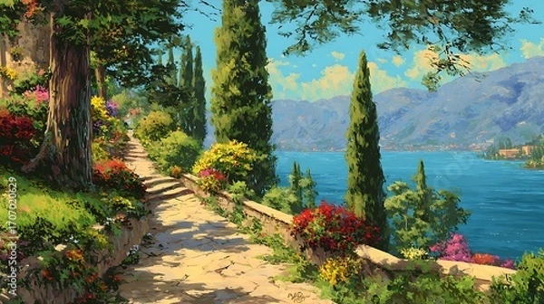 Fototapeta A winding stone path leads to the lake, surrounded by lush greenery and blooming flowers. 