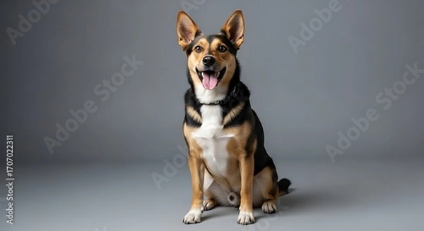 Fototapeta Dog Captured Sitting Upright on Smooth White Studio Floor