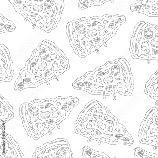 Fototapeta Doodle pizza slices pattern. Background with pieces of pizza. Pizza slices vector background. Hand drawn of pizza slices. Seamless outline pattern of pizza slices. Pattern pizza slices in doodle style