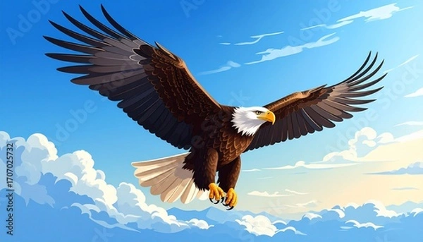 Fototapeta Majestic Bald Eagle Soaring Through a Vibrant Blue Sky Above Wispy Clouds