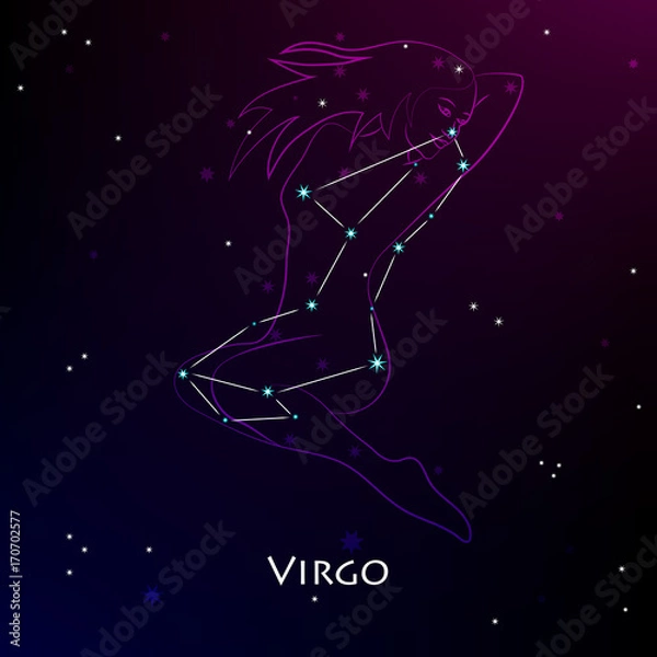 Fototapeta Virgo Zodiac Sign and the Constellation against the backdrop of a dark starry sky. Vector illustration on the black background