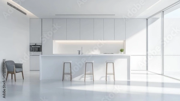 Fototapeta A modern minimalist white studio with a kitchen that is both functional and stylish