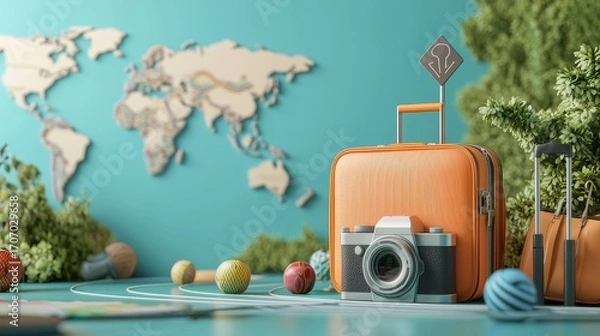 Fototapeta Concept banner for turism in 3d realistic style with map, pointer, road sign, suitcase, camera. Vector illustration