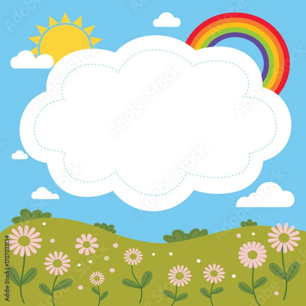Fototapeta Sunny Landscape with Rainbow and Cloud Frame for Text or Messages, Rainbow Cloud Frame, Sunny Field Template, Nature Message Board, Colorful Garden Greeting, Happy Outdoor Frame
