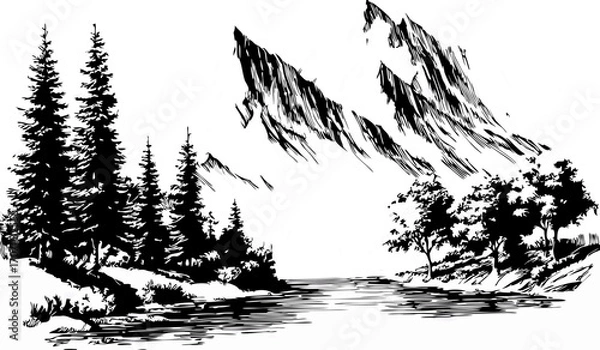 Fototapeta Monochrome Mountain Landscape with Pine Forest and Lake in Bold Hand Drawn Style
