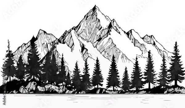 Fototapeta Monochrome Hand Drawn Mountain Range with Pine Forest Along a Calm Lake in Silhouette Style