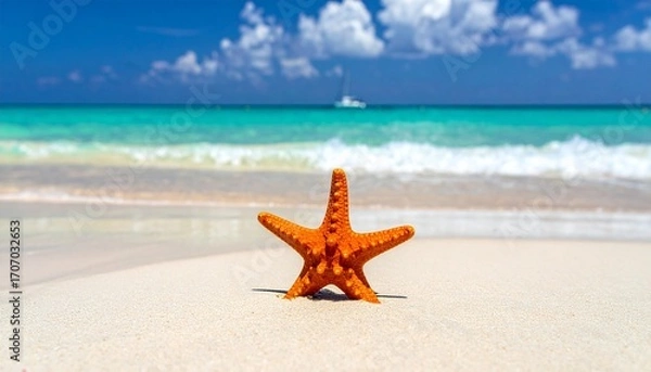 Fototapeta Vibrant orange starfish resting on a pristine white sand beach with a turquoise ocean and a sailboat in the background