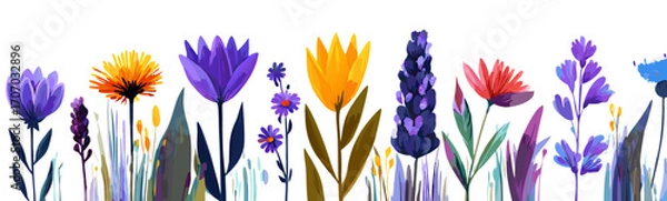 Fototapeta Vibrant Abstract Floral Border Illustration with Colorful Spring Flowers Across a White Background