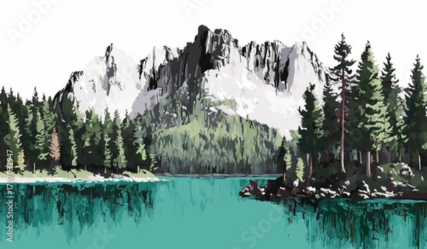 Fototapeta Vector Illustration of Snowcapped Mountains Framed by a Dense Pine Forest and a Teal Lake
