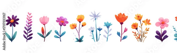 Fototapeta Vibrant Spring Flower Border Illustration with Multicolored Blooms on White Background