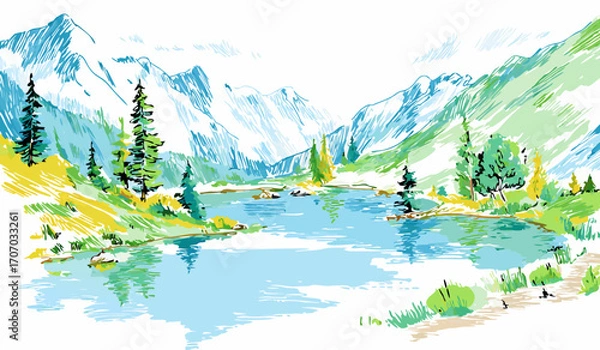 Fototapeta Vivid Hand Drawn Mountain Lake Landscape with Pine Forests and Peaks in Bright Multicolor Strokes