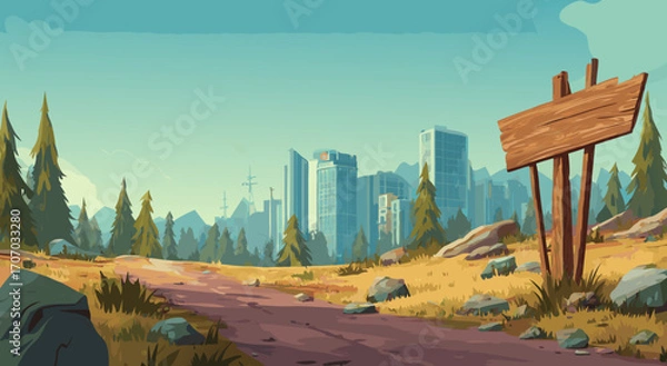 Fototapeta Whimsical Forest Road Leads to a Futuristic Cityscape with a Wooden Signpost in a Sunny Meadow