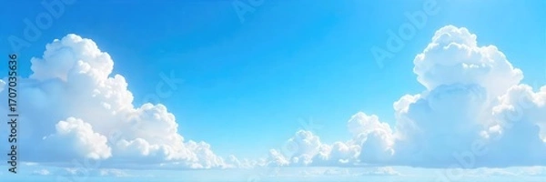 Fototapeta Vast expanse of a brilliant blue sky, fluffy white clouds drift lazily across the horizon, a serene and peaceful summer day scene ,  day,  outdoor,  beauty
