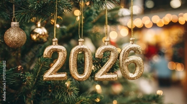 Fototapeta Golden 2026 numbers hanging on Christmas tree with festive lights  