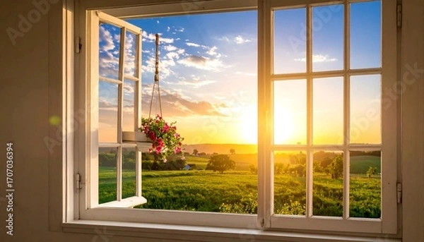 Fototapeta Window view of a beautiful sunset over a field