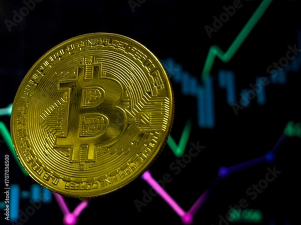 Fototapeta A gold coin with the letter B on it is floating in the air.