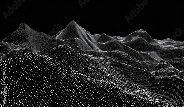 Fototapeta Rendered digital terrain with pixel-like texture, peaks, and varying elevations against a stark black backdrop creates an abstract landscape