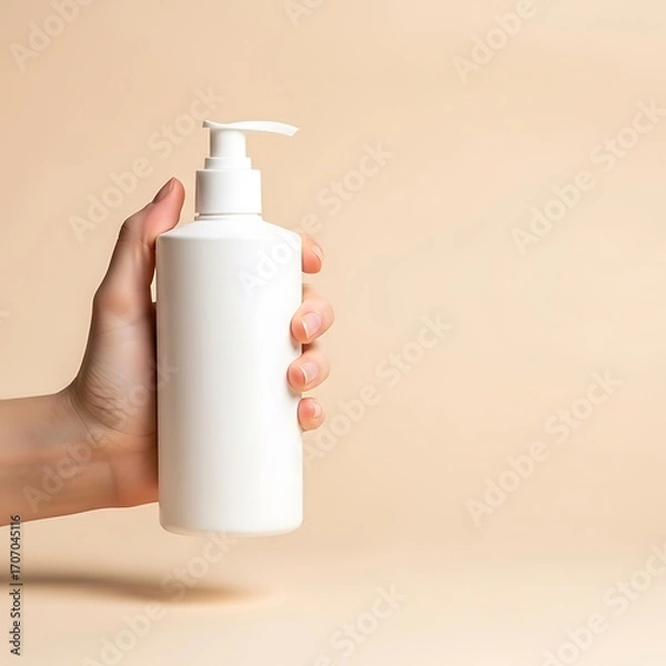 Fototapeta A minimalist, neutral-toned image showcases a blank, white pump bottle held in a hand against a beige background.