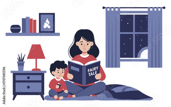 Fototapeta Mother and Child Reading a Fairy Tale Book Together at Night.