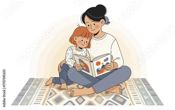 Fototapeta Mother and Daughter Reading Colorful Book on Patterned Rug Illustration.
