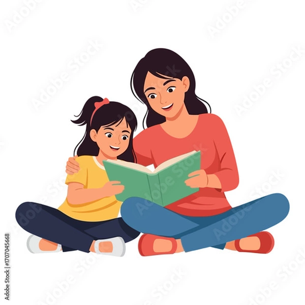 Fototapeta Mother and Daughter Reading Together Sharing a Book and Joyfully Smiling.