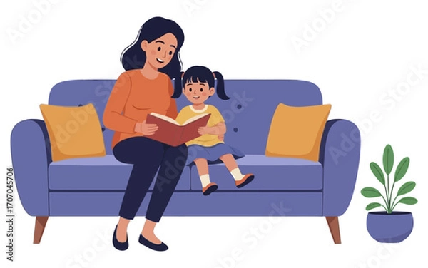 Fototapeta Mother and Daughter Reading Together on a Cozy Blue Couch Smiling and Happy.
