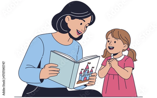 Fototapeta Smiling Mother Reading a Castle Storybook to an Eager Little Girl.