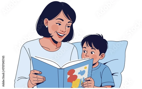 Fototapeta Smiling Mother Reading a Colorful Storybook to Her Curious Son in Bed.