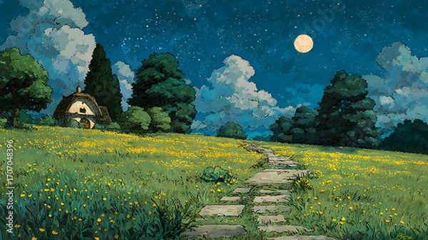 Fototapeta Starry sky, a meadow full of yellow flowers and green grass on the hillside in front of an old house with lights on inside