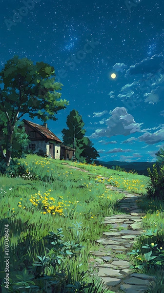 Fototapeta Starry sky, a meadow full of yellow flowers and green grass on the hillside in front of an old house with lights on inside