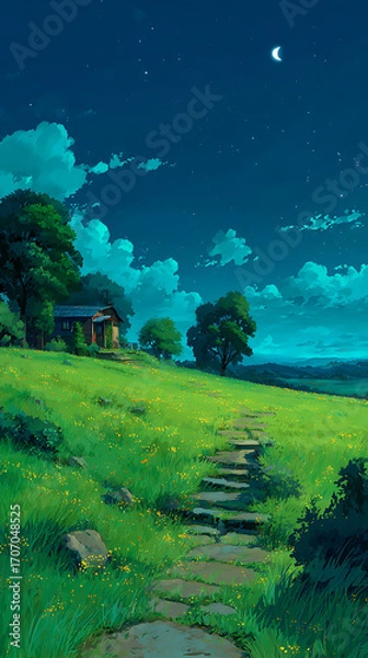 Fototapeta Starry sky, a meadow full of yellow flowers and green grass on the hillside in front of an old house with lights on inside