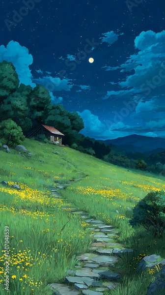 Fototapeta Starry sky, a meadow full of yellow flowers and green grass on the hillside in front of an old house with lights on inside
