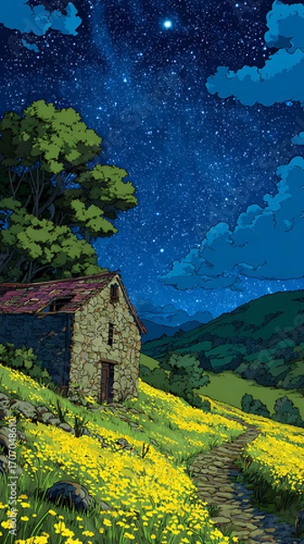 Fototapeta Starry sky, a meadow full of yellow flowers and green grass on the hillside in front of an old house with lights on inside