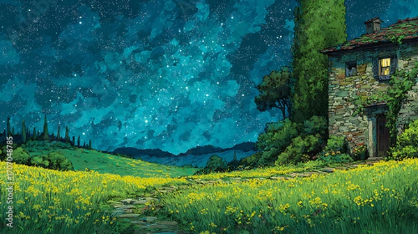 Fototapeta Starry sky, a meadow full of yellow flowers and green grass on the hillside in front of an old house with lights on inside