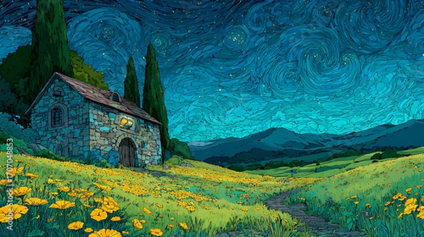 Fototapeta Starry sky, a meadow full of yellow flowers and green grass on the hillside in front of an old house with lights on inside