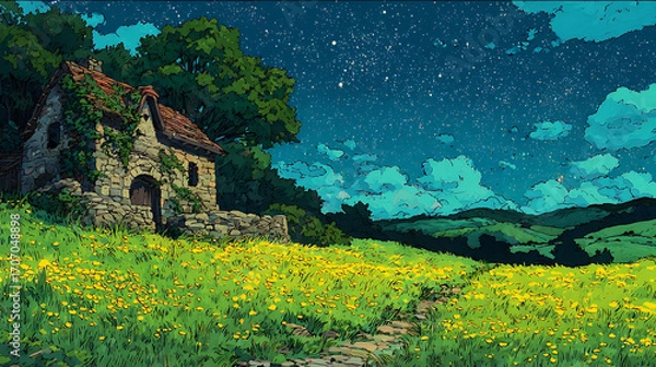 Fototapeta Starry sky, a meadow full of yellow flowers and green grass on the hillside in front of an old house with lights on inside