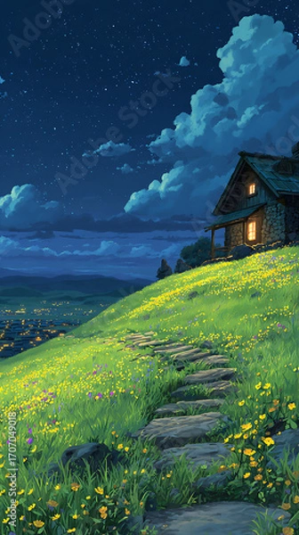 Fototapeta Starry sky, a meadow full of yellow flowers and green grass on the hillside in front of an old house with lights on inside