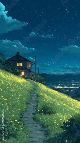 Fototapeta Starry sky, a meadow full of yellow flowers and green grass on the hillside in front of an old house with lights on inside