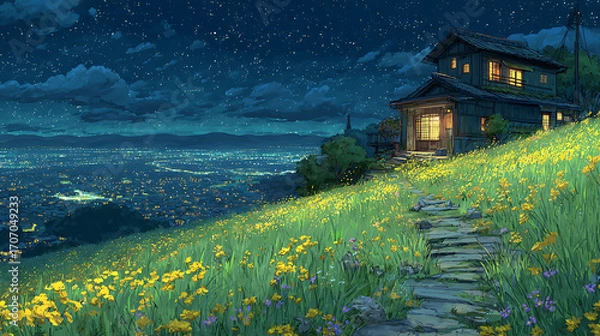 Fototapeta Starry sky, a meadow full of yellow flowers and green grass on the hillside in front of an old house with lights on inside