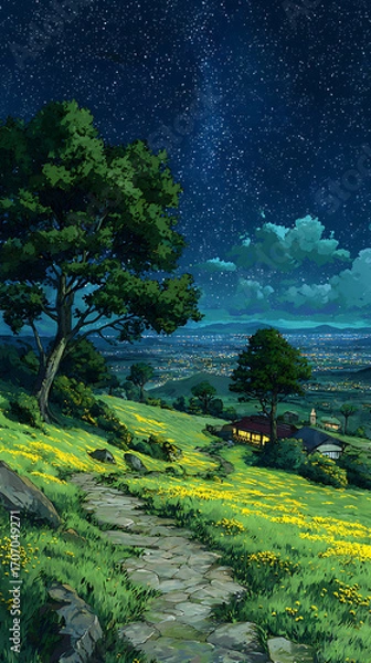 Fototapeta Starry sky, a meadow full of yellow flowers and green grass on the hillside in front of an old house with lights on inside