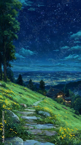 Fototapeta Starry sky, a meadow full of yellow flowers and green grass on the hillside in front of an old house with lights on inside