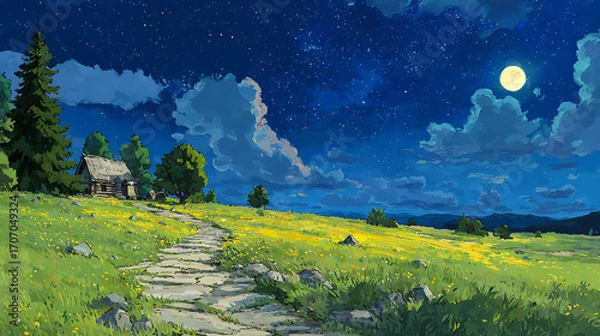 Fototapeta Starry sky, a meadow full of yellow flowers and green grass on the hillside in front of an old house with lights on inside