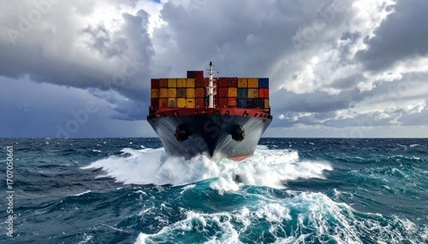 Fototapeta Cargo ship navigating stormy seas with containers under a dramatic cloudy sky