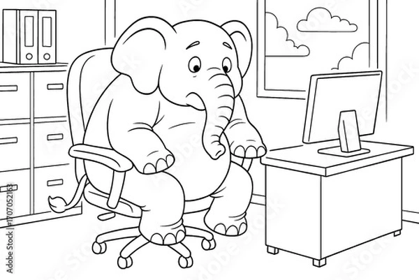 Fototapeta Cartoon elephant struggling to sit on office chair with desk and computer. Fun coloring page