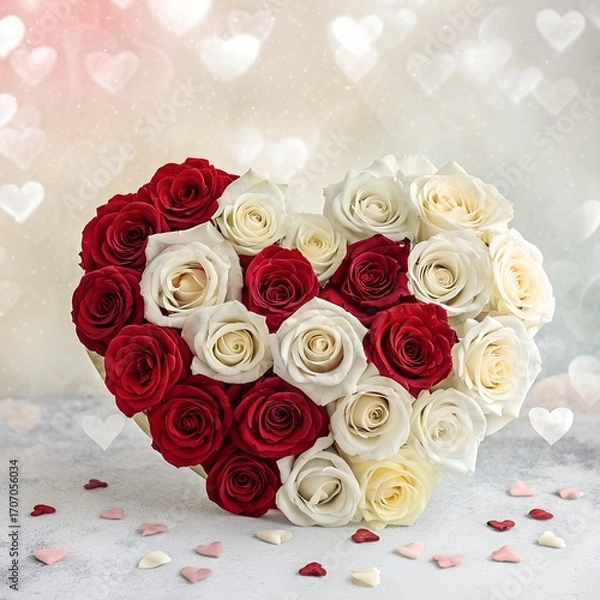 Fototapeta Fresh white and red roses in a heart shape with a soft dreamy background.