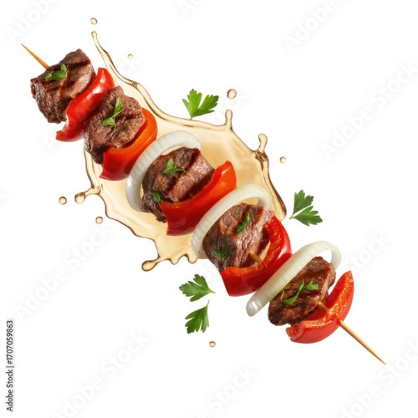 Fototapeta Grilled Meat Skewer with splash Isolated on Transparent Background
