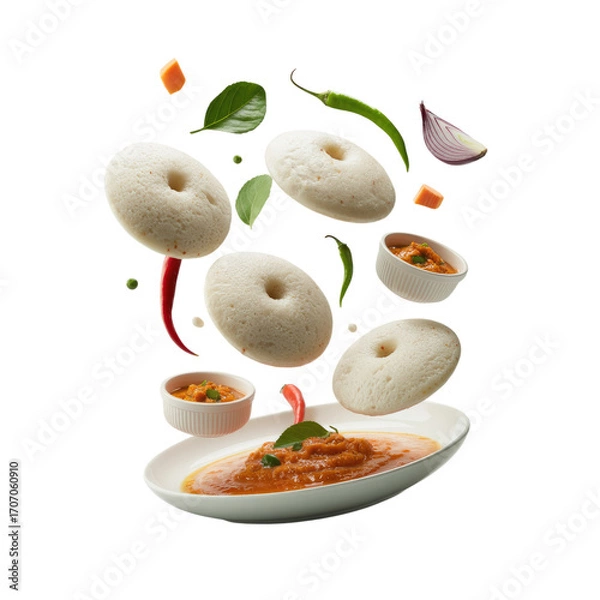Fototapeta Healthy Indian Idli and Sambar with Flying Effect Isolated on Transparent Background